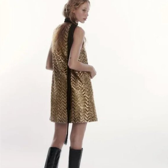 Zara Gold Sequin Sleeveless Mini Dress Scoopneck Size Small - Picture 5 of 7